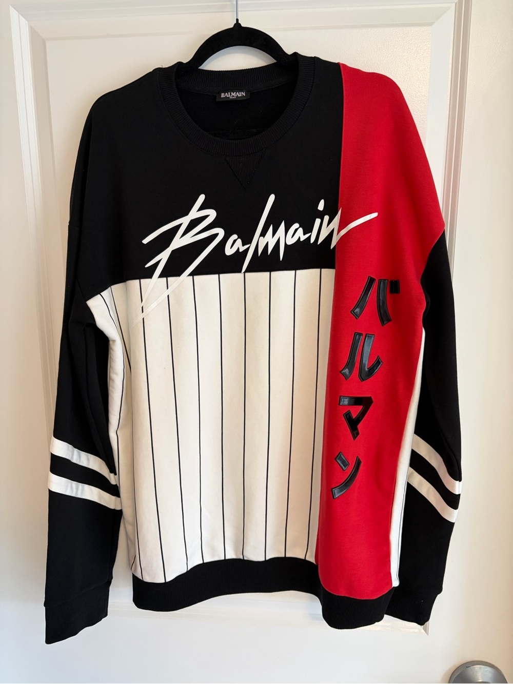 Balmain Black, White & Red Script Panel Crewneck